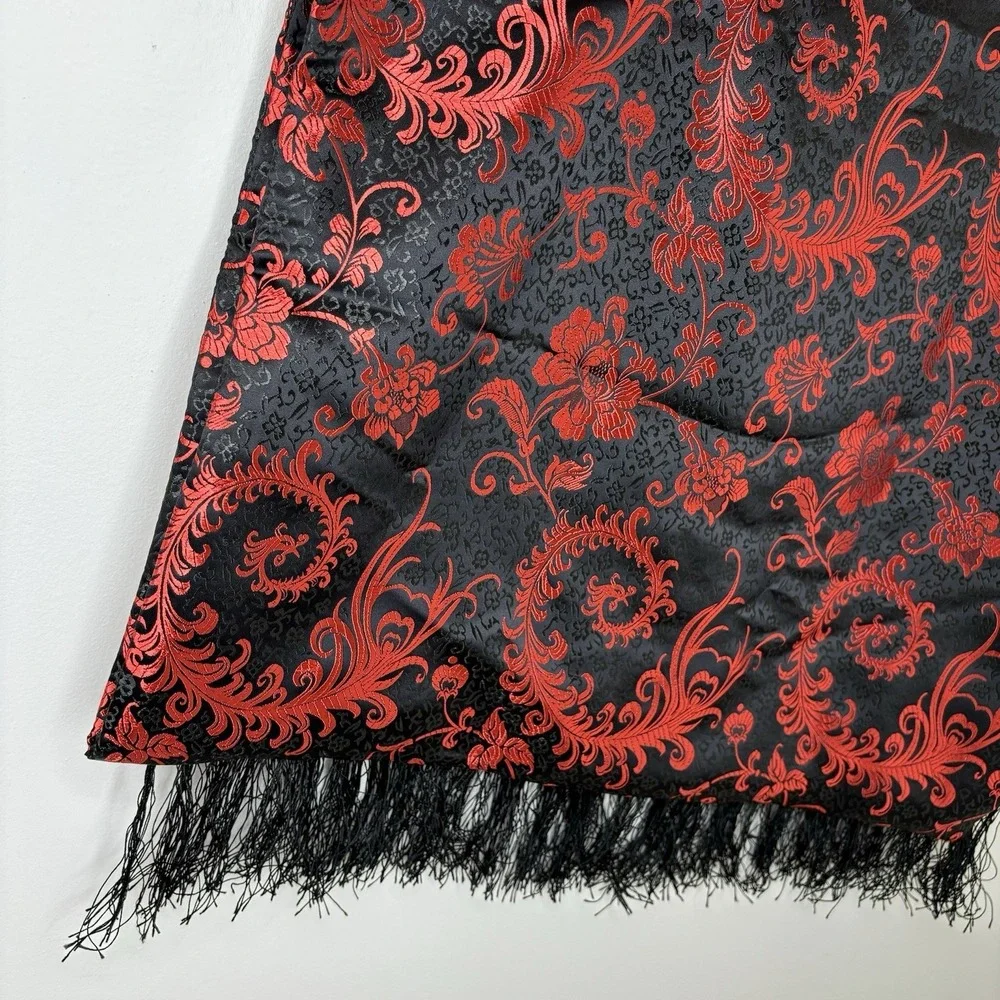 100% Silk Fabric Table‎ Runner Red Black Tapestry Oriental Brocade 72X22 Fringe